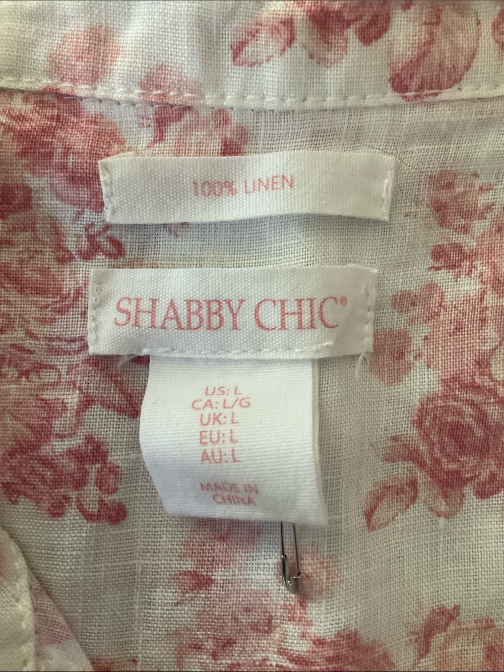 Shabby Chic White Pink 100% Linen Button Up Floral Dusty Rose Toile Medium